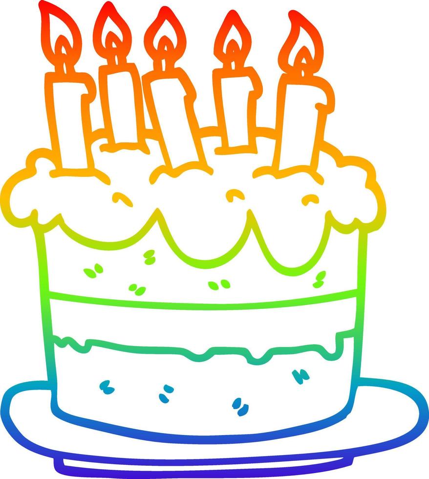 rainbow gradient line drawing cartoon birthday cake vector