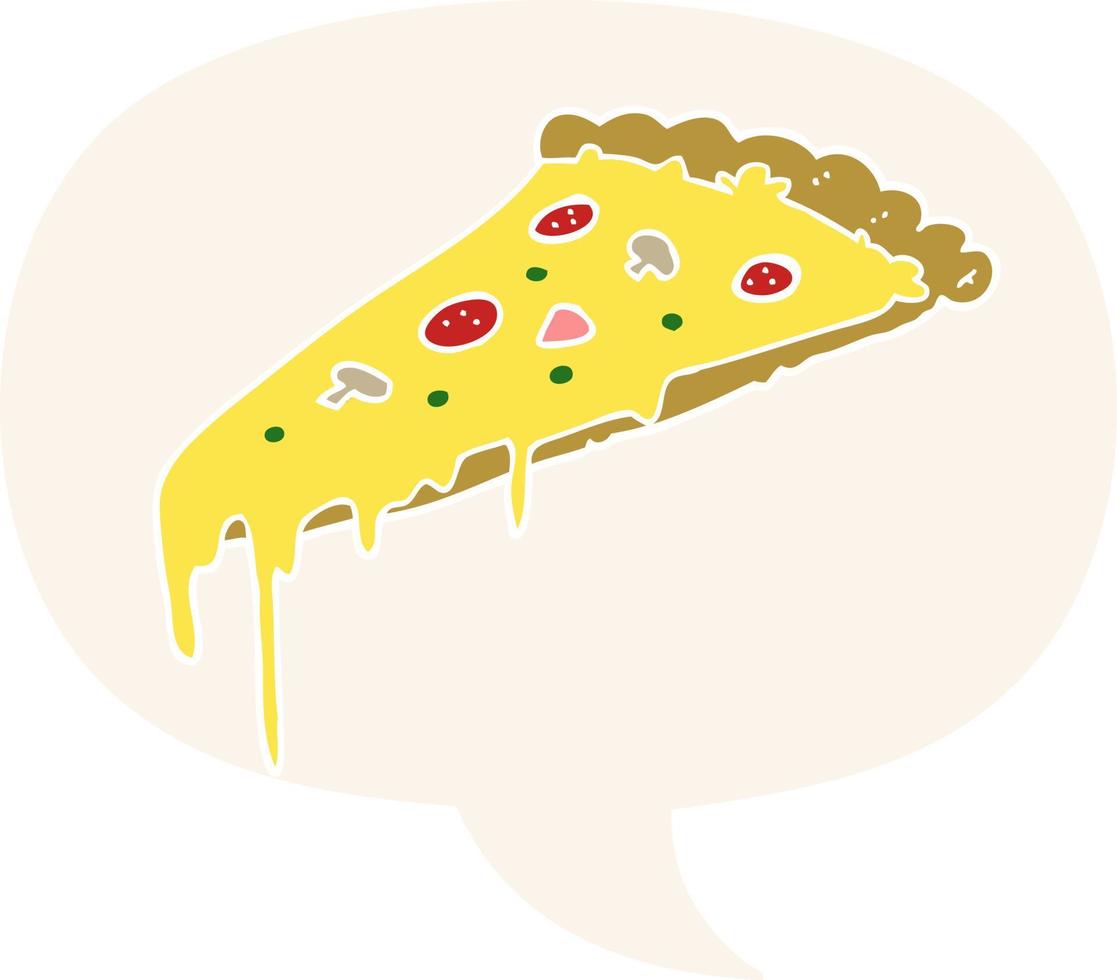rebanada de pizza de dibujos animados y burbuja de habla en estilo retro vector