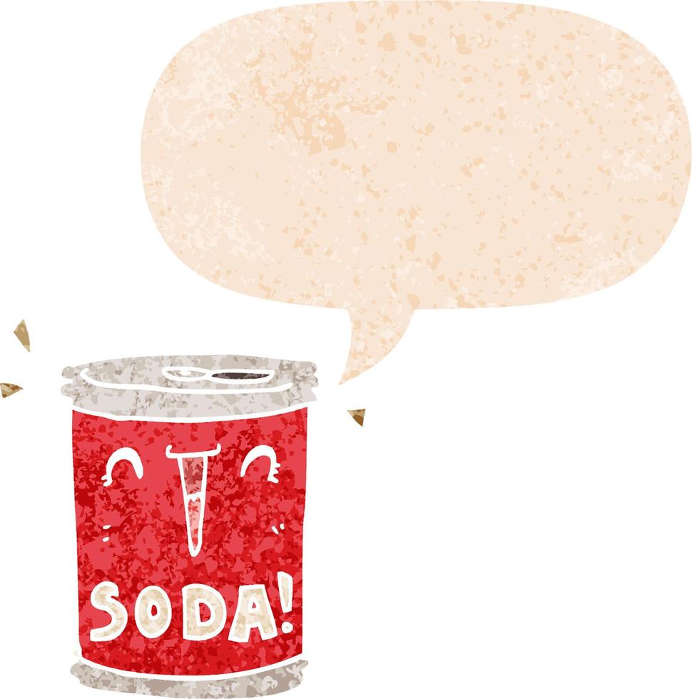cartoon soda can and speech bubble in retro textured style vector