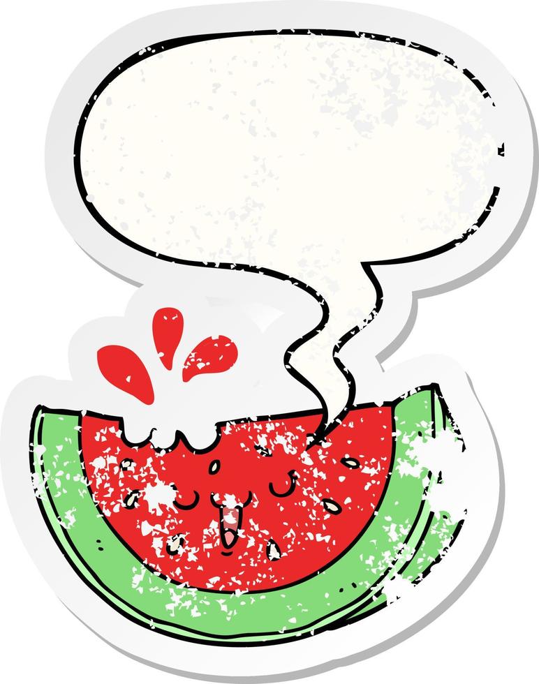 cartoon watermelon and speech bubble distressed sticker vector