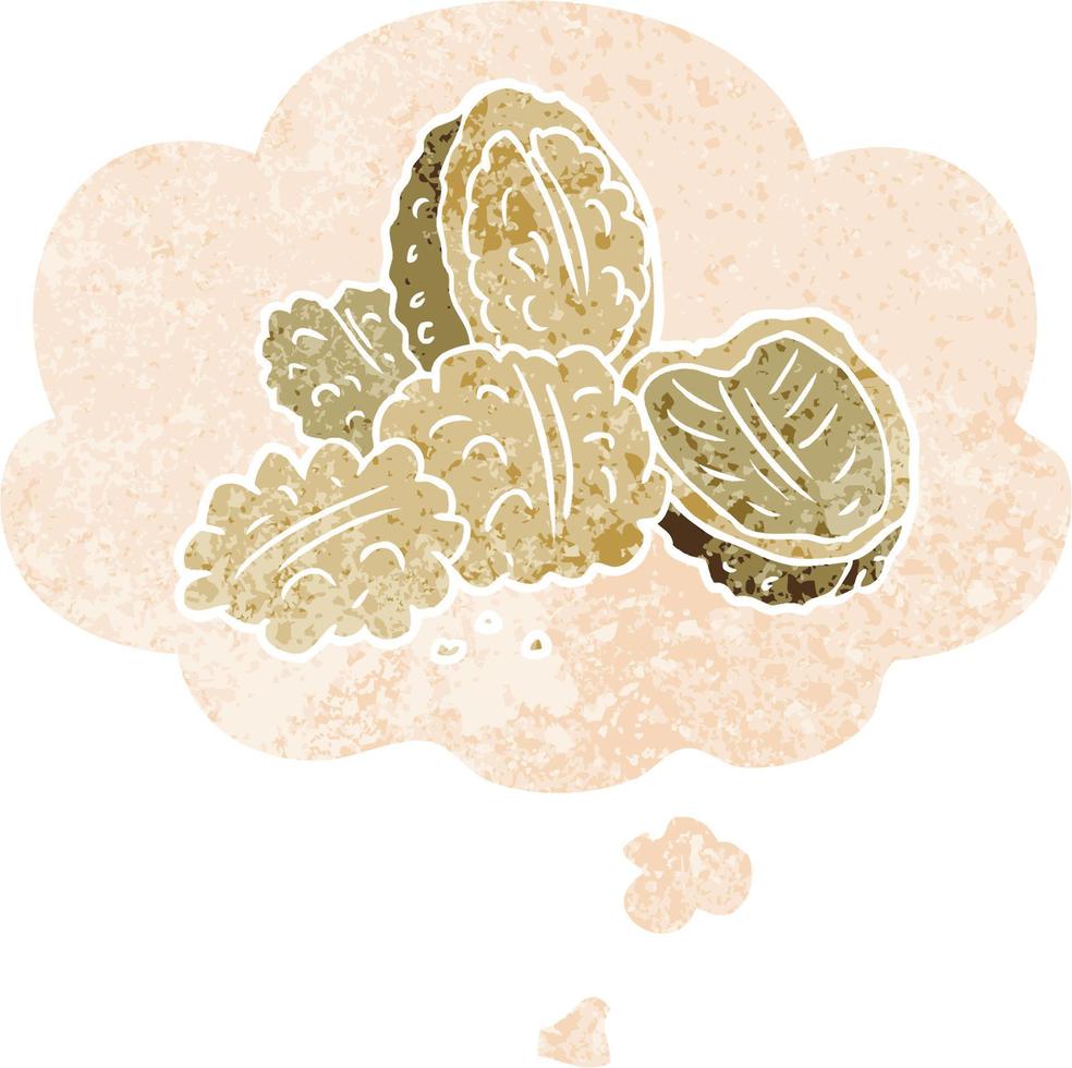 cartoon walnuts and thought bubble in retro textured style vector