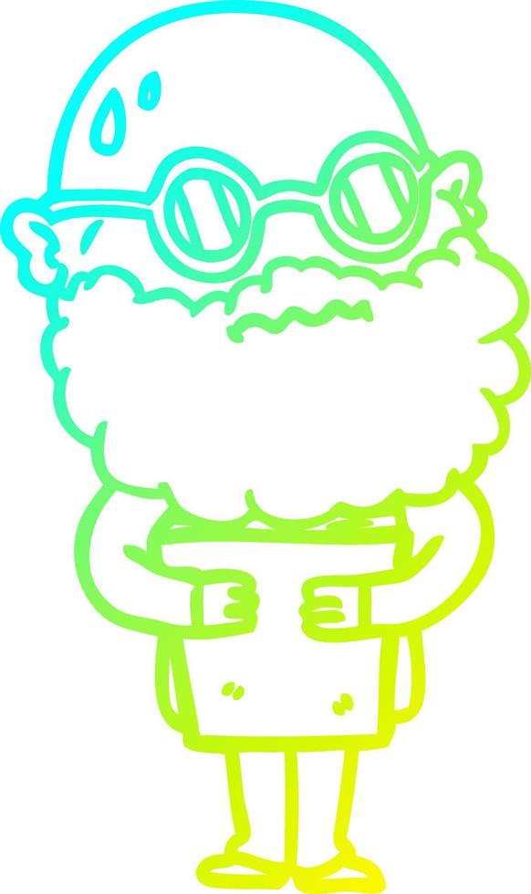 cold gradient line drawing cartoon worried man with beard and spectacles vector