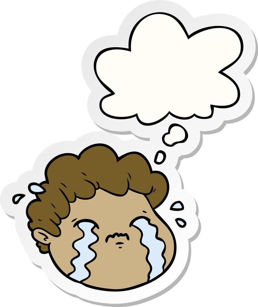 cartoon crying boy and thought bubble as a printed sticker vector