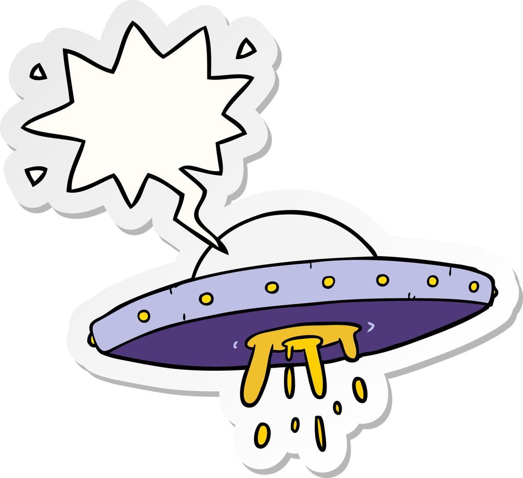 cartoon flying UFO and speech bubble sticker vector