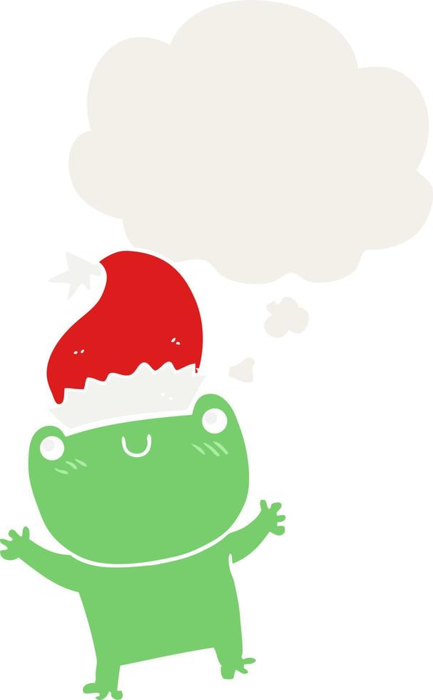 linda rana de dibujos animados con sombrero de navidad y burbuja de pensamiento en estilo retro vector