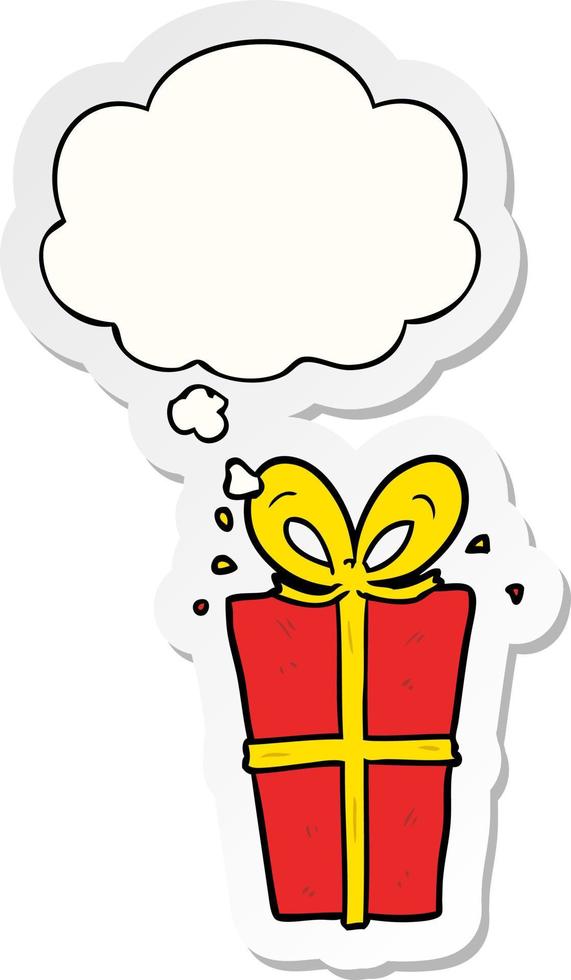 cartoon wrapped gift and thought bubble as a printed sticker vector