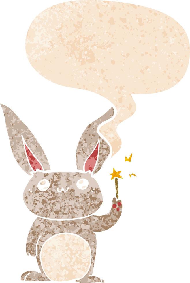 lindo conejo de dibujos animados y burbuja de habla en estilo retro texturizado vector