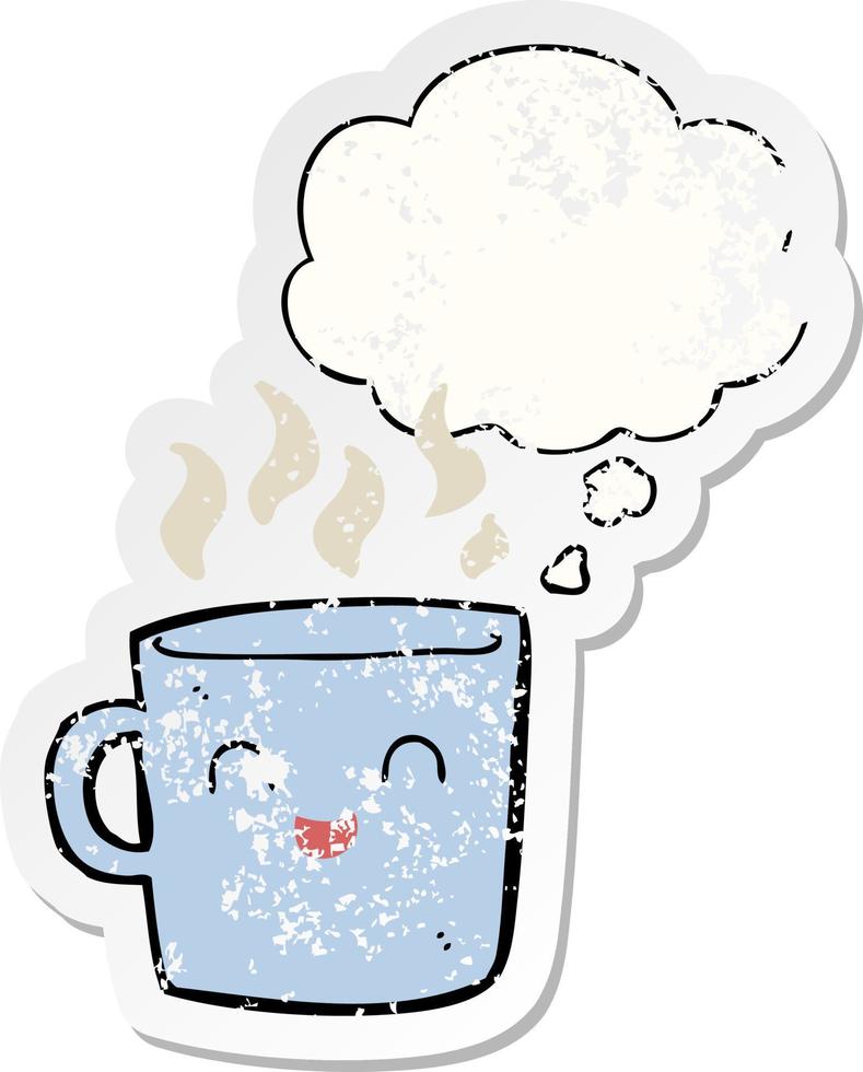 linda caricatura de taza de café y burbuja de pensamiento como una pegatina gastada angustiada vector