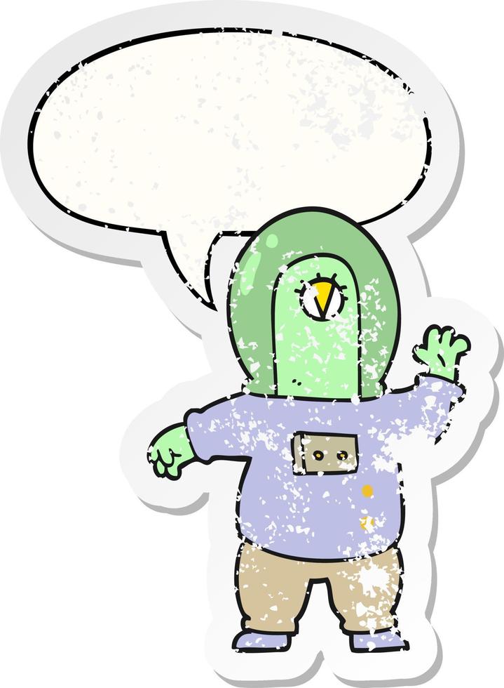 cartoon space alien and speech bubble distressed sticker vector