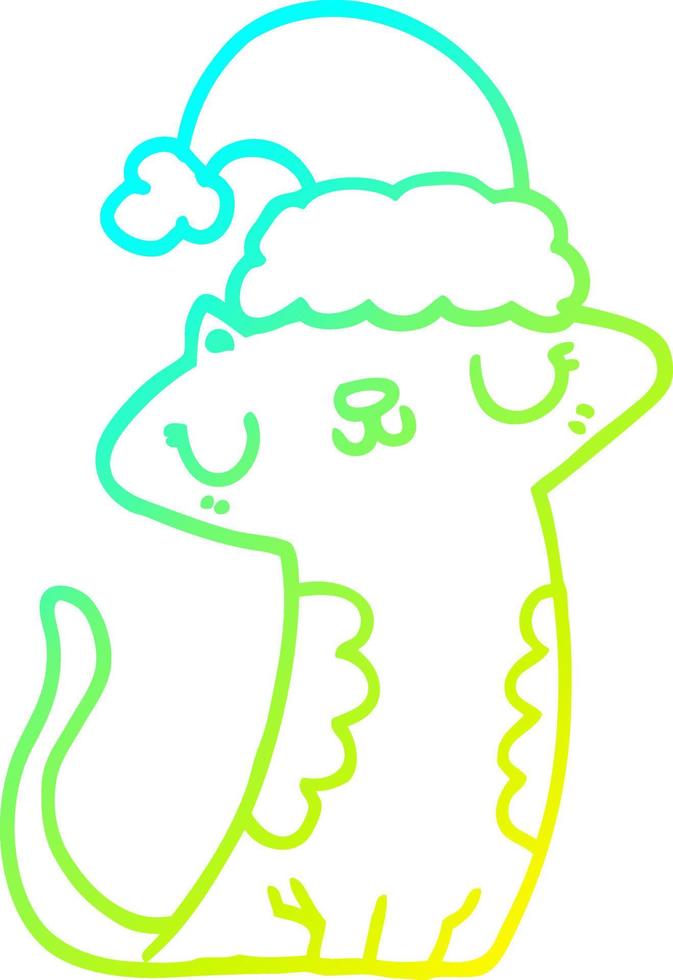 cold gradient line drawing cute cartoon cat wearing christmas hat vector