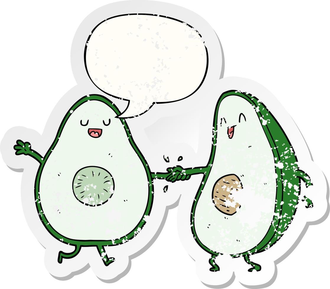 cartoon dancing avocados and speech bubble distressed sticker vector