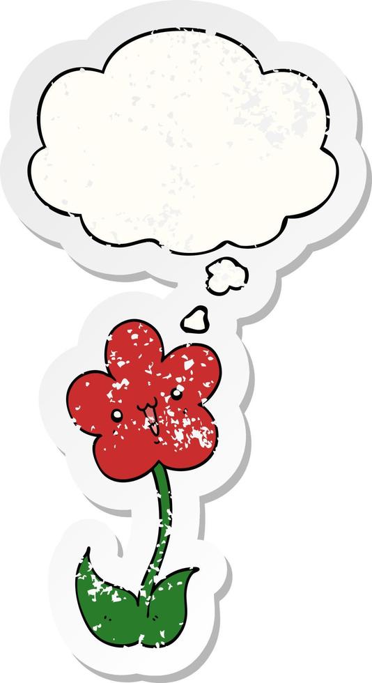 cartoon flower and thought bubble as a distressed worn sticker vector