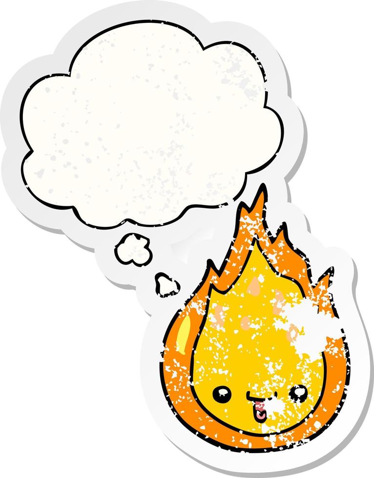 cartoon flame and thought bubble as a distressed worn sticker vector