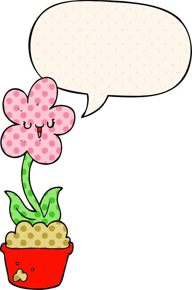 cute cartoon flower and speech bubble in comic book style vector