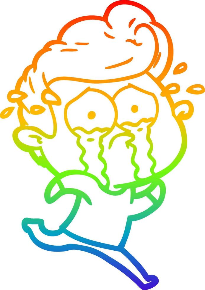 rainbow gradient line drawing cartoon crying man running vector