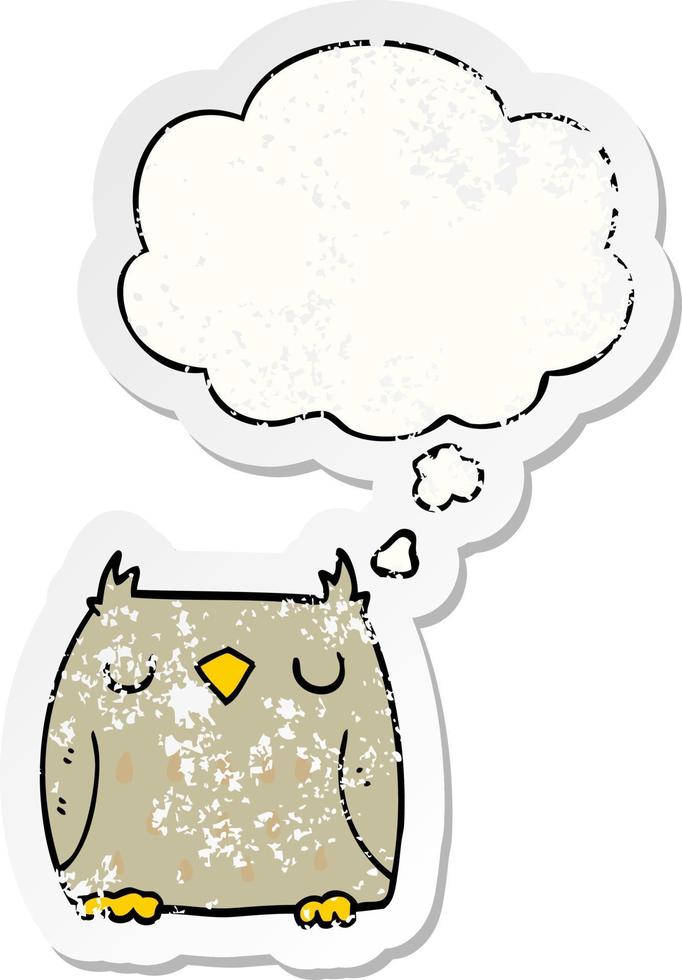 cute cartoon owl and thought bubble as a distressed worn sticker vector