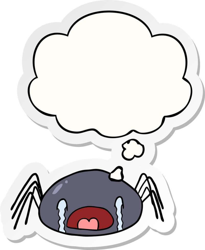 cartoon crying spider and thought bubble as a printed sticker vector