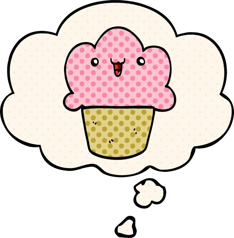 cartoon cupcake with face and thought bubble in comic book style vector