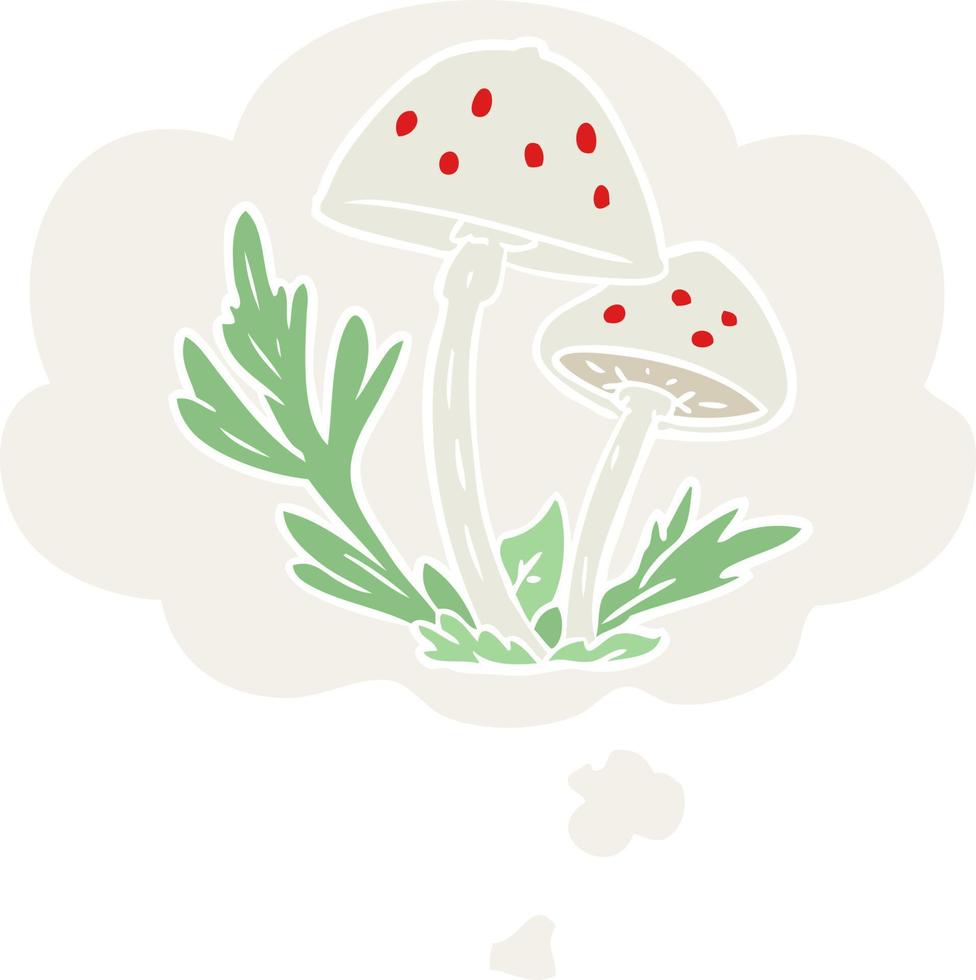 cartoon mushrooms and thought bubble in retro style vector