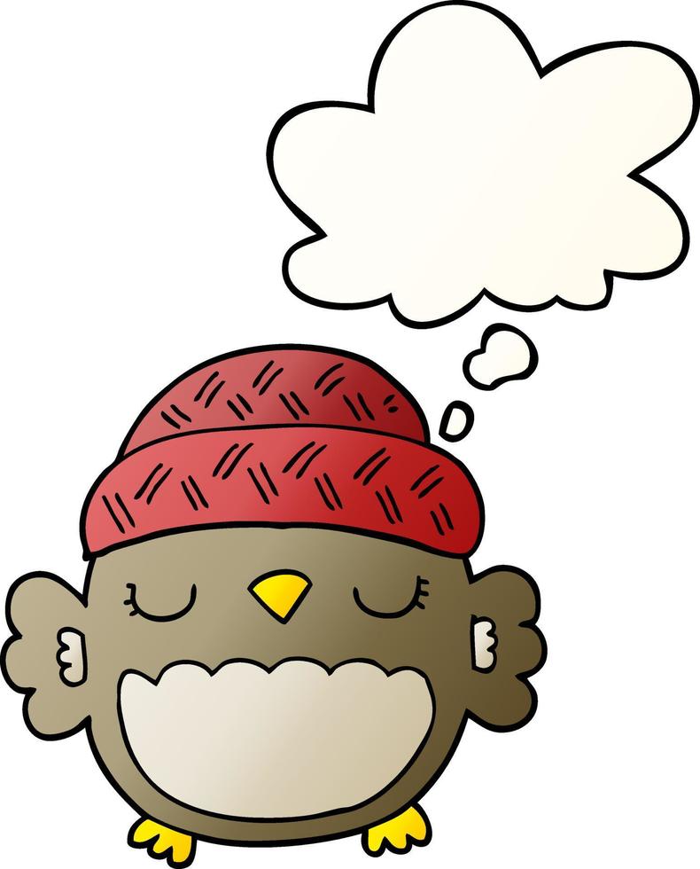 cute cartoon owl in hat and thought bubble in smooth gradient style vector