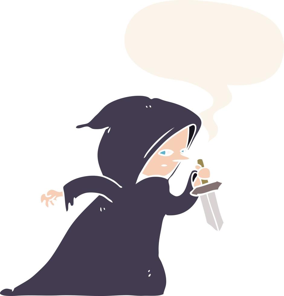 cartoon assassin in dark robe and speech bubble in retro style vector