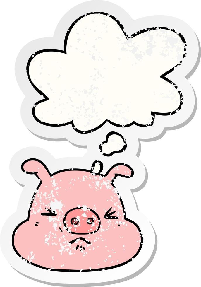 cartoon angry pig face and thought bubble as a distressed worn sticker vector