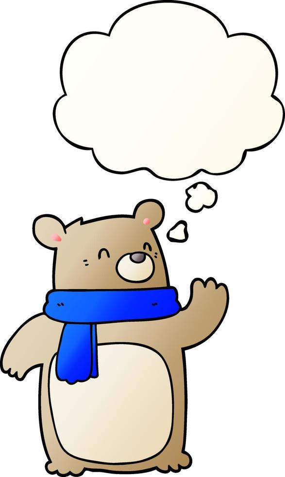 cartoon bear wearing scarf and thought bubble in smooth gradient style vector