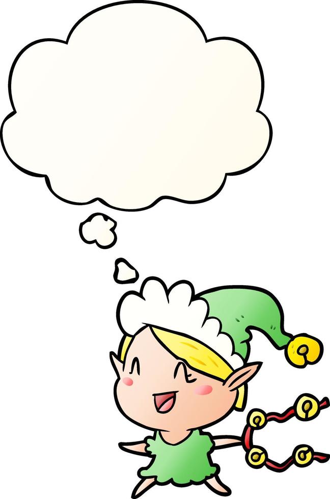 cartoon happy christmas elf and thought bubble in smooth gradient style vector