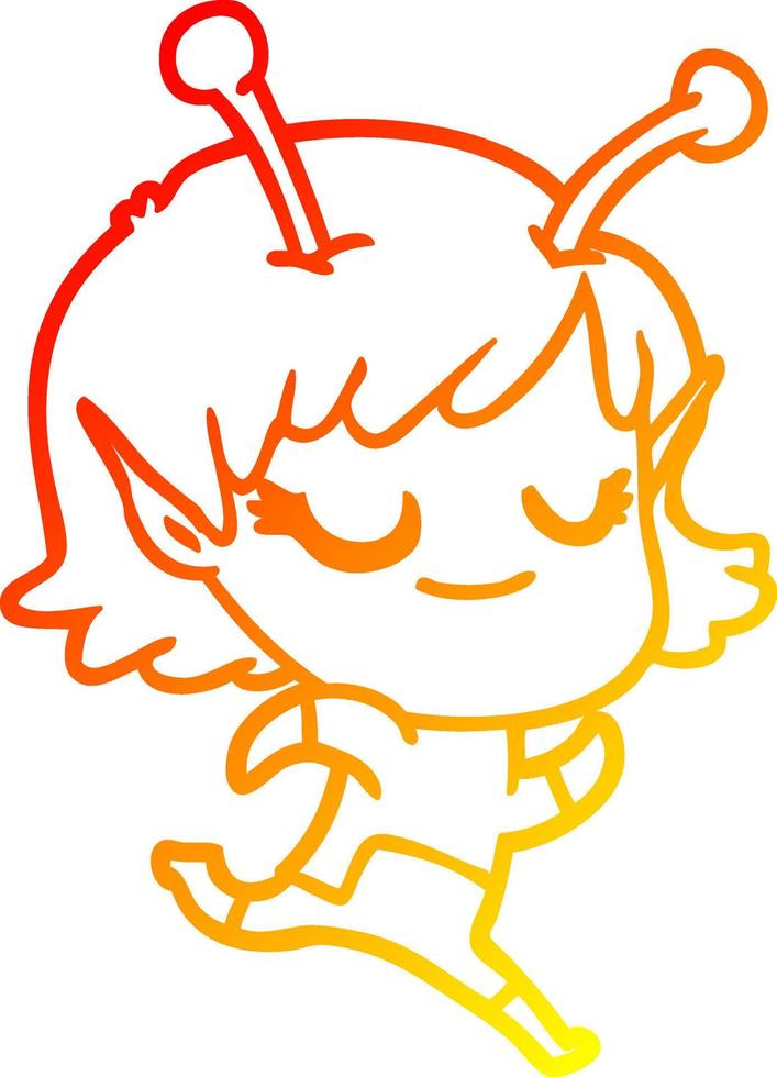 warm gradient line drawing smiling alien girl cartoon running vector