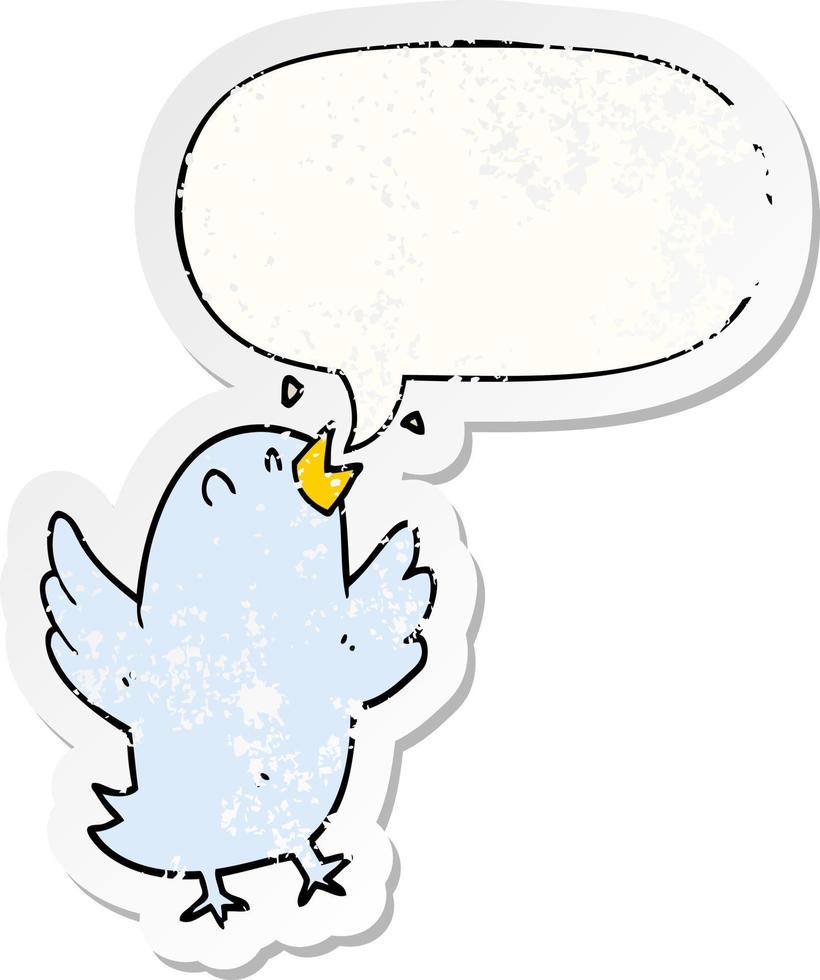 pájaro de dibujos animados cantando y etiqueta engomada angustiada de la burbuja del discurso vector