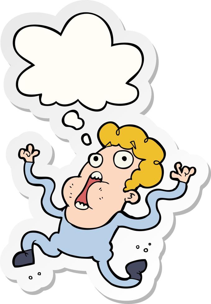 cartoon terrified man and thought bubble as a printed sticker vector
