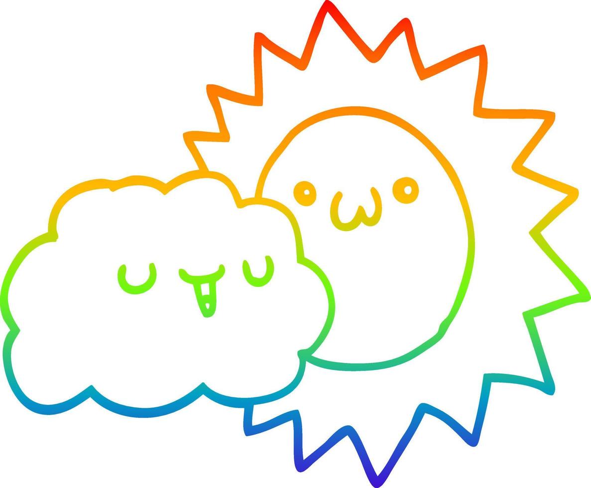 rainbow gradient line drawing cartoon sun and cloud vector