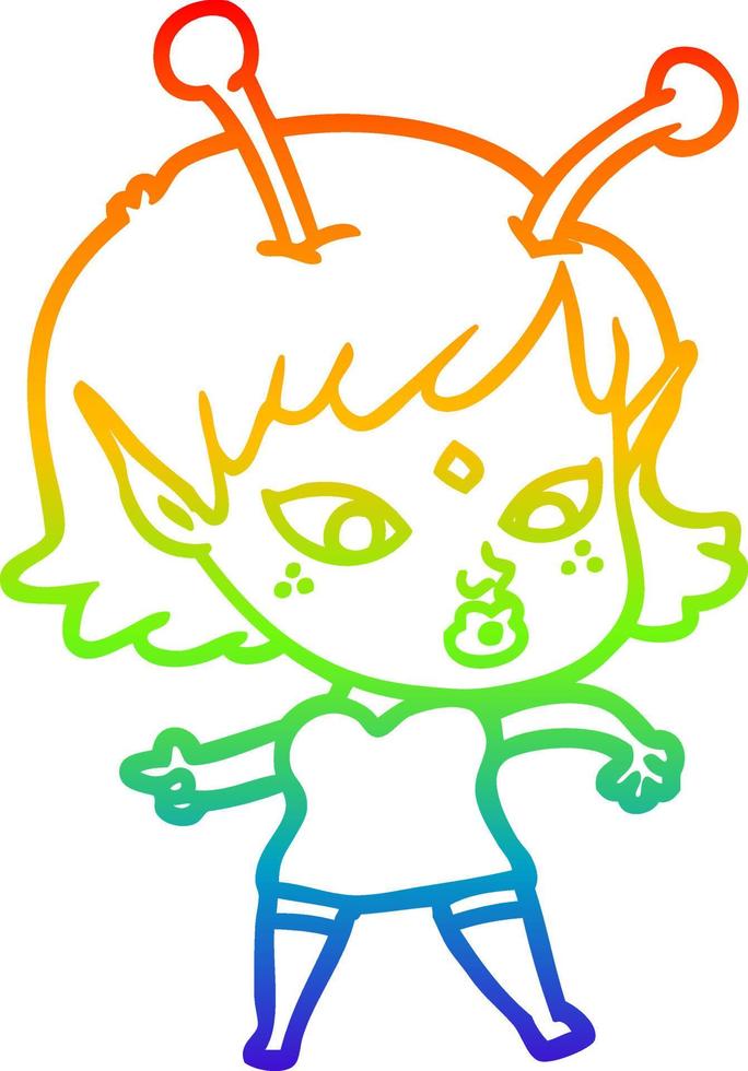 rainbow gradient line drawing pretty cartoon alien girl vector