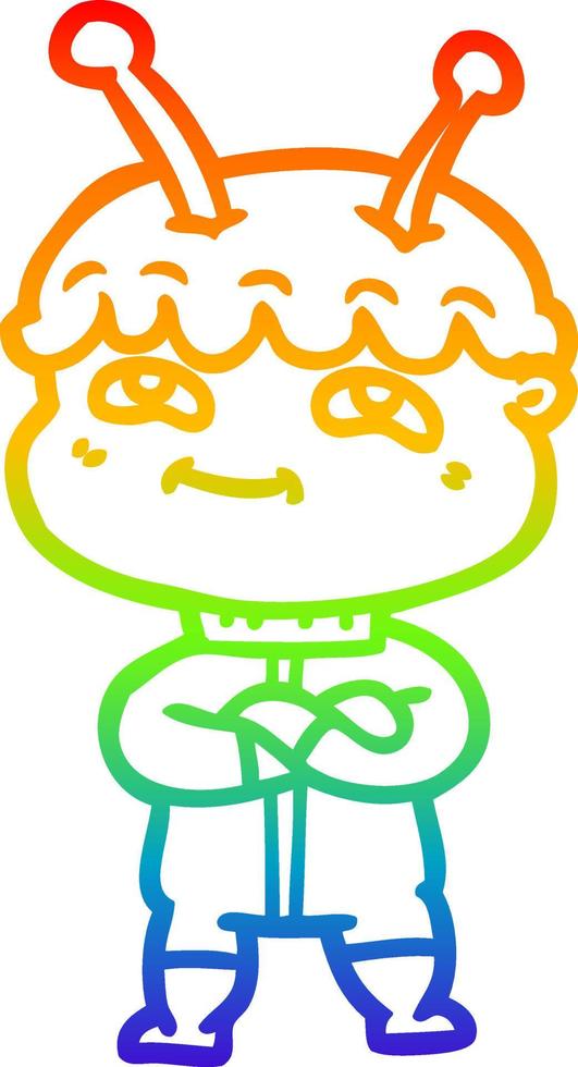rainbow gradient line drawing friendly cartoon spaceman vector
