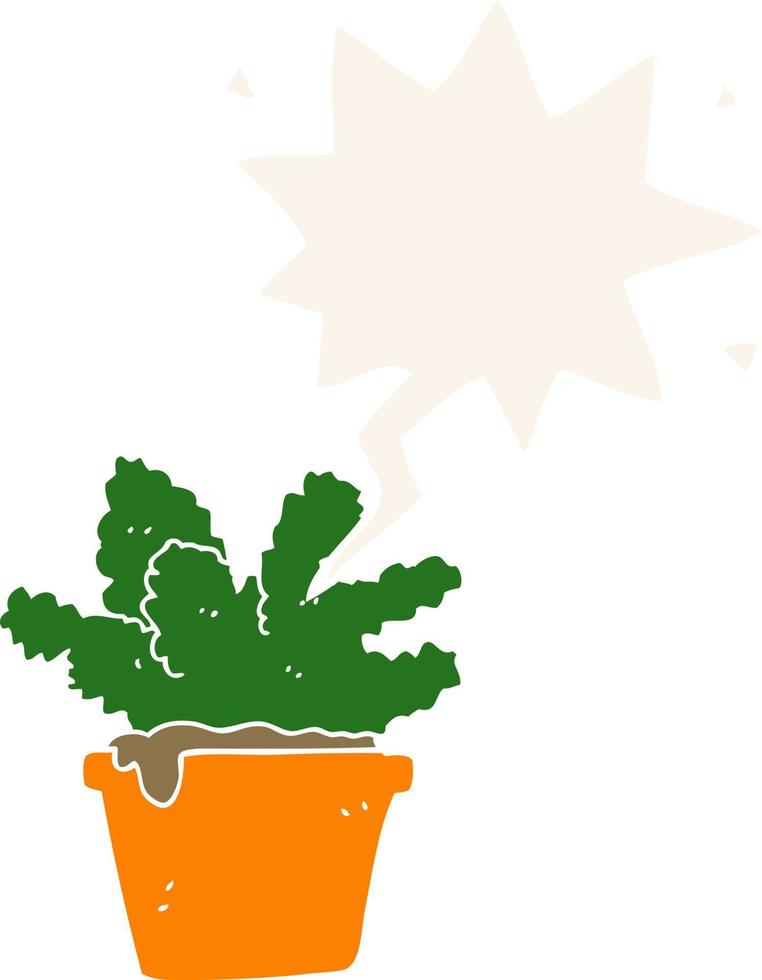 cartoon house plant and speech bubble in retro style vector