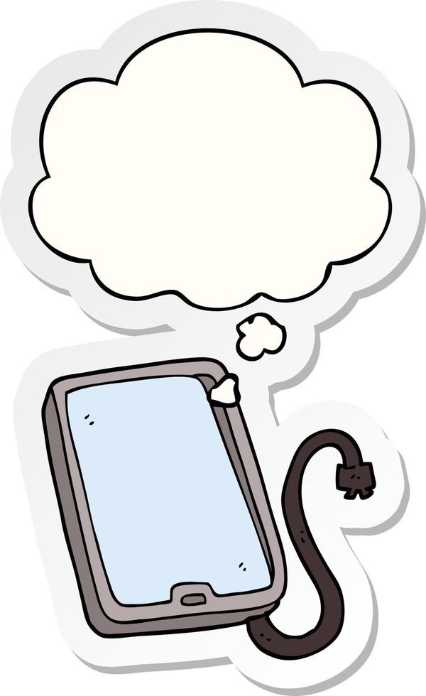 cartoon computer tablet and thought bubble as a printed sticker vector