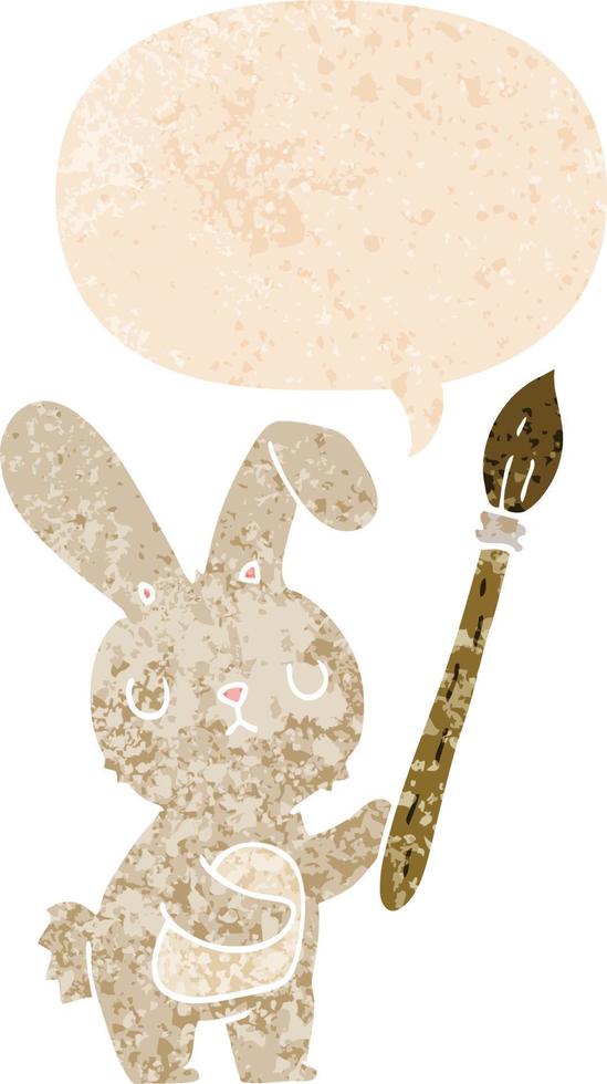 cartoon rabbit with paint brush and speech bubble in retro textured style vector