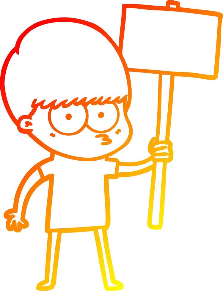 warm gradient line drawing nervous cartoon boy holding placard vector