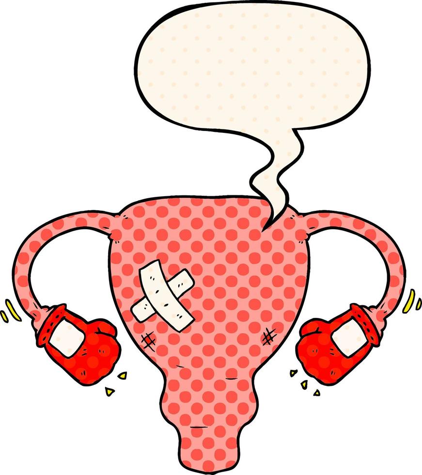 cartoon beat up uterus and boxing gloves and speech bubble in comic book style vector