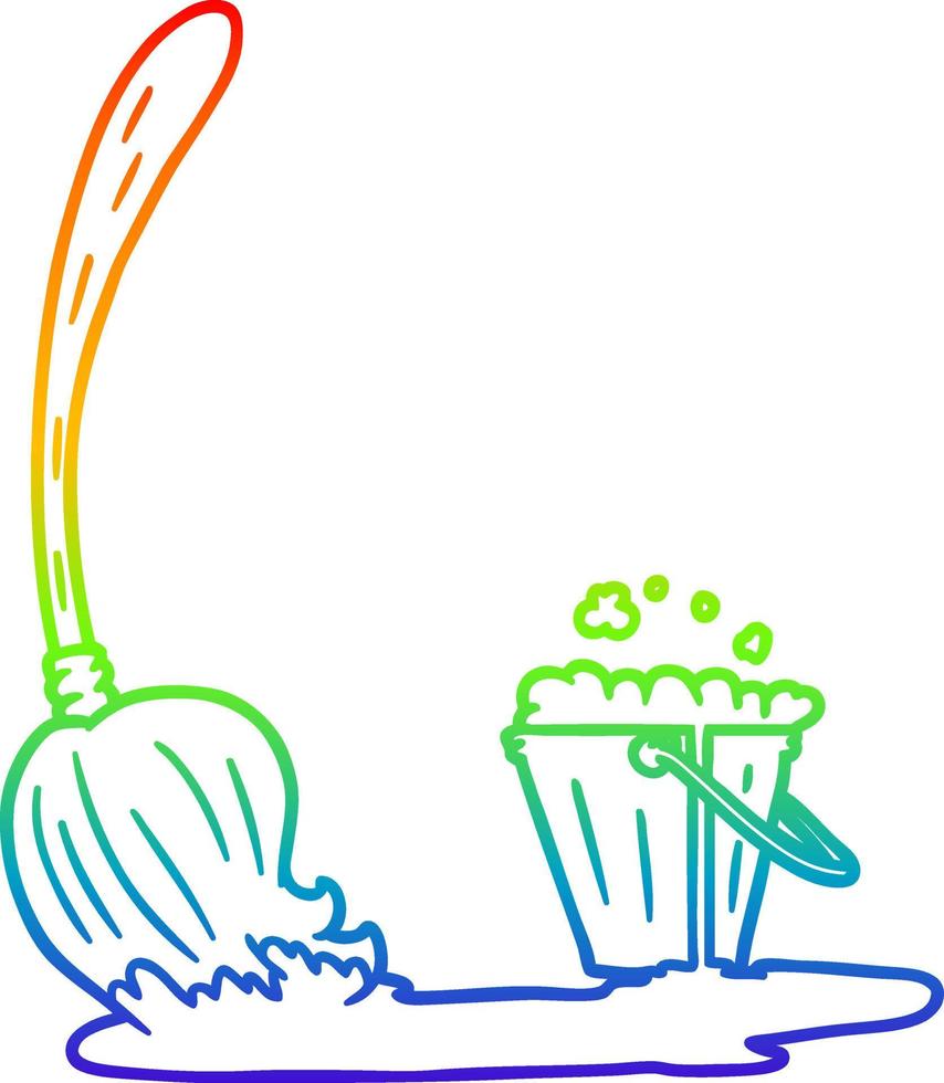 rainbow gradient line drawing cartoon mop and bucket vector