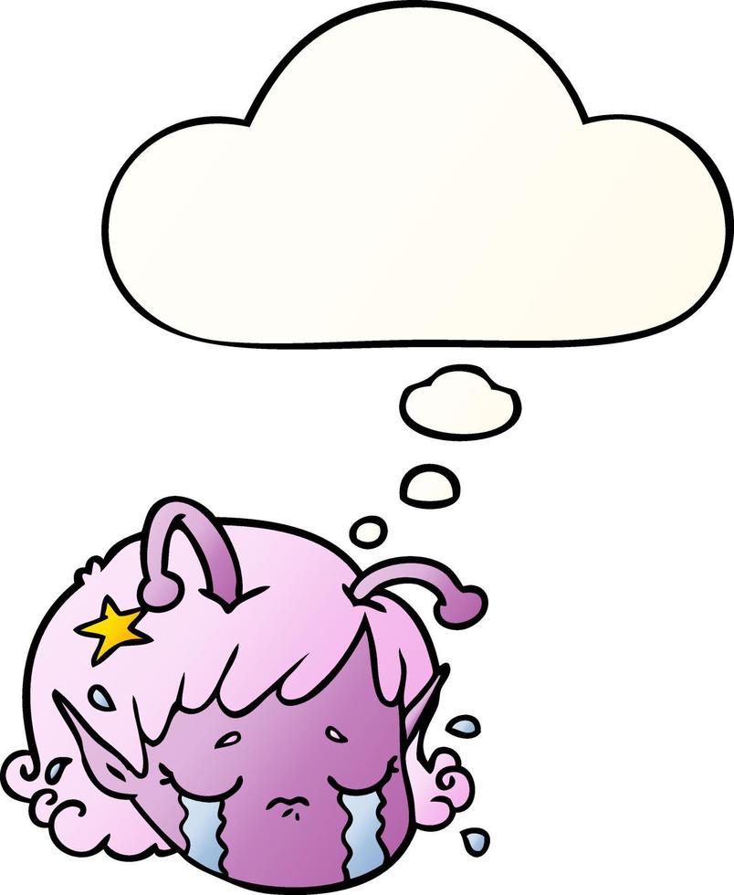 cartoon alien space girl face crying and thought bubble in smooth gradient style vector