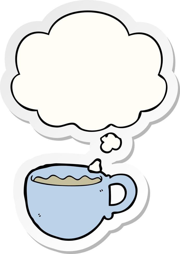 taza de café de dibujos animados y burbuja de pensamiento como pegatina impresa vector