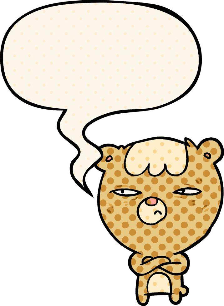 cartoon annoyed bear and arms crossed and speech bubble in comic book style vector