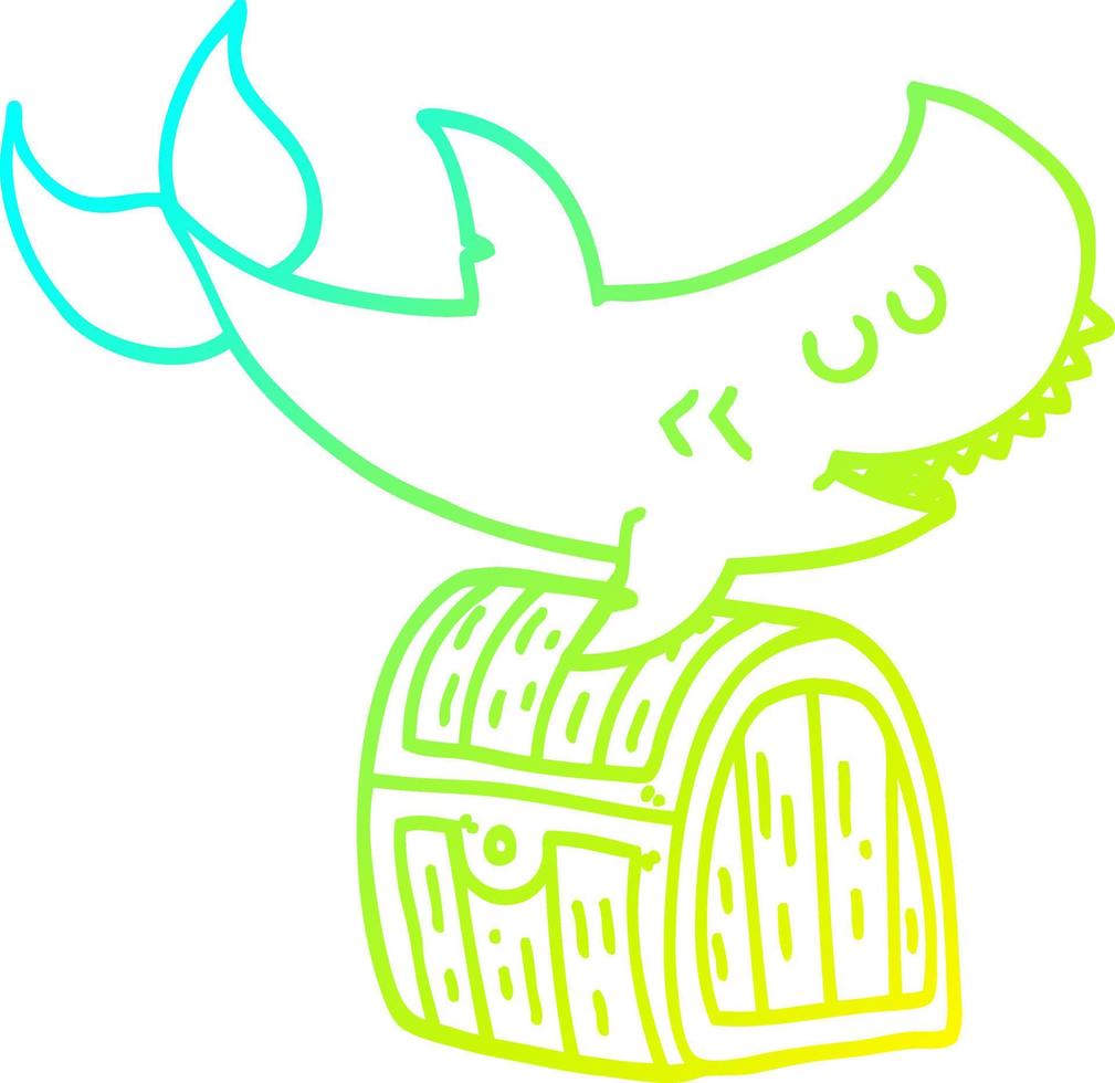 cold gradient line drawing cartoon shark swimming over treasure chest vector