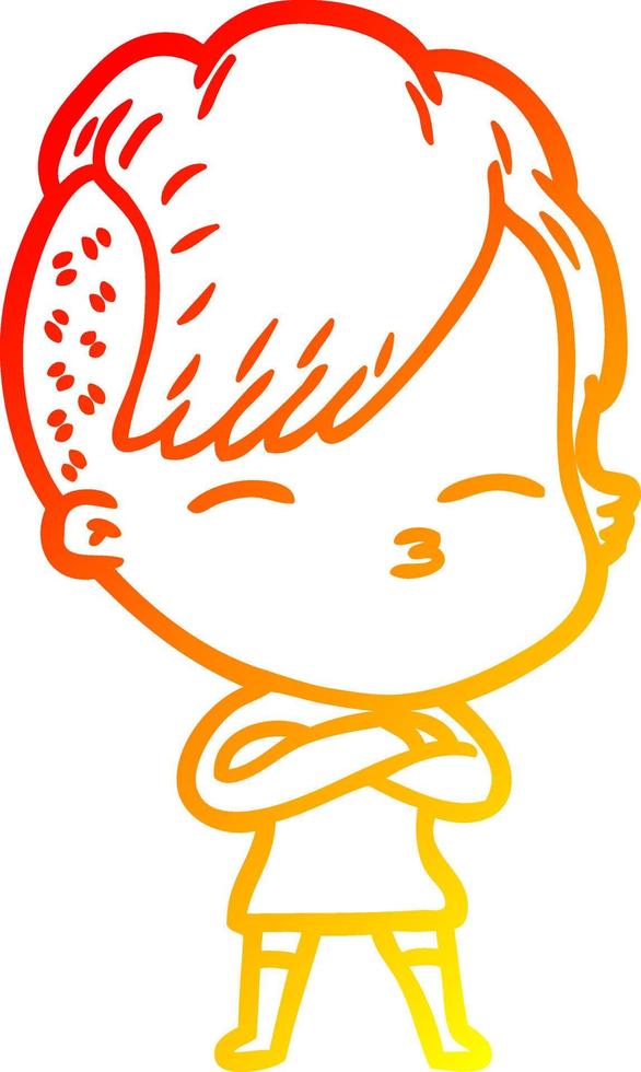 warm gradient line drawing cartoon squinting girl vector