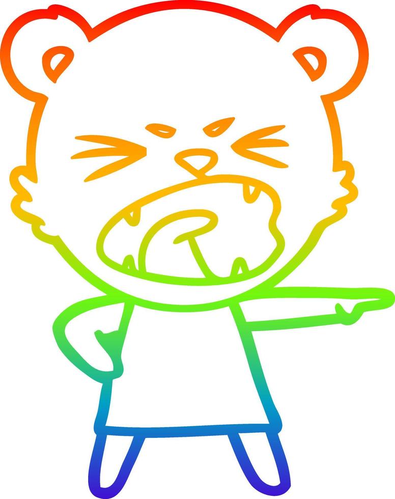 rainbow gradient line drawing angry cartoon bear in dress shouting vector