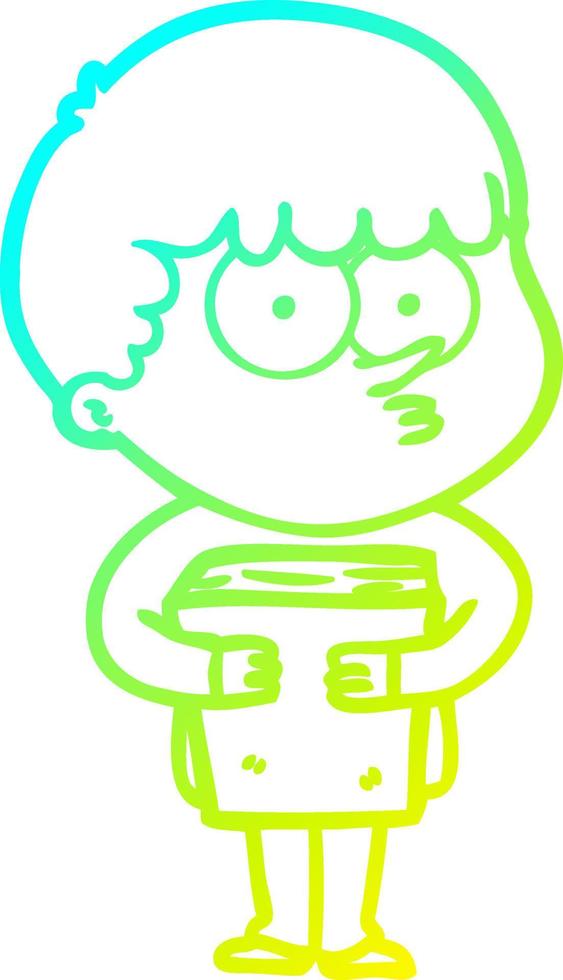 cold gradient line drawing cartoon curious boy holding a book vector