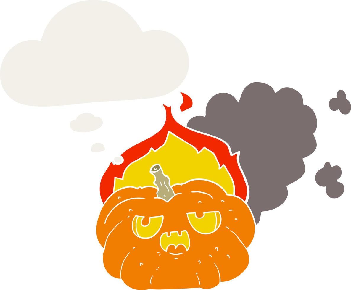 dibujos animados de calabaza de halloween en llamas y burbuja de pensamiento en estilo retro vector