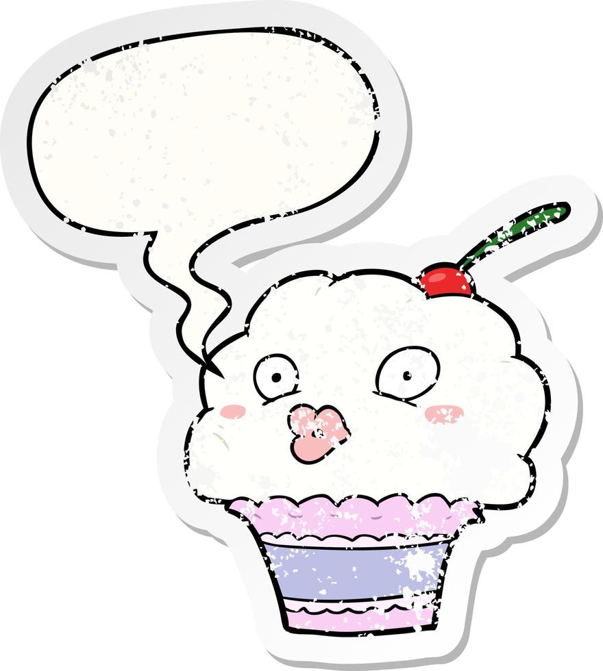 funny cartoon cupcake and speech bubble distressed sticker vector