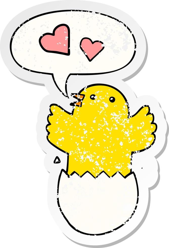 cute hatching chick cartoon and speech bubble distressed sticker vector